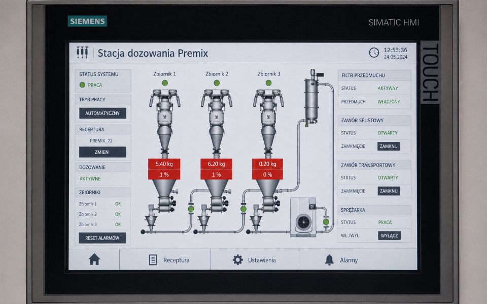 Panel HMI z wizualizacją stacji dozowania materiałów sypkich