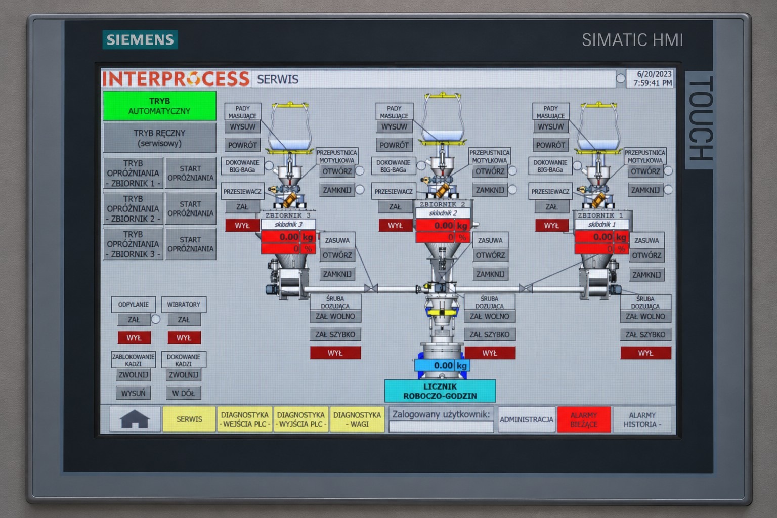 Panel Siemens SIMATIC HMI z ekranem serwisowym stacji dozowania InterProcess